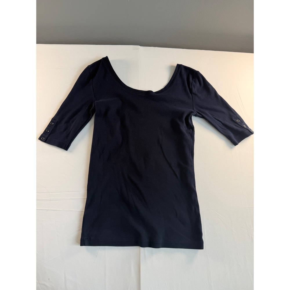 J.Crew Perfect Fit Top Women XS Navy Blue Scoop Neck Button Cuff Preppy Classic - Picture 9 of 9